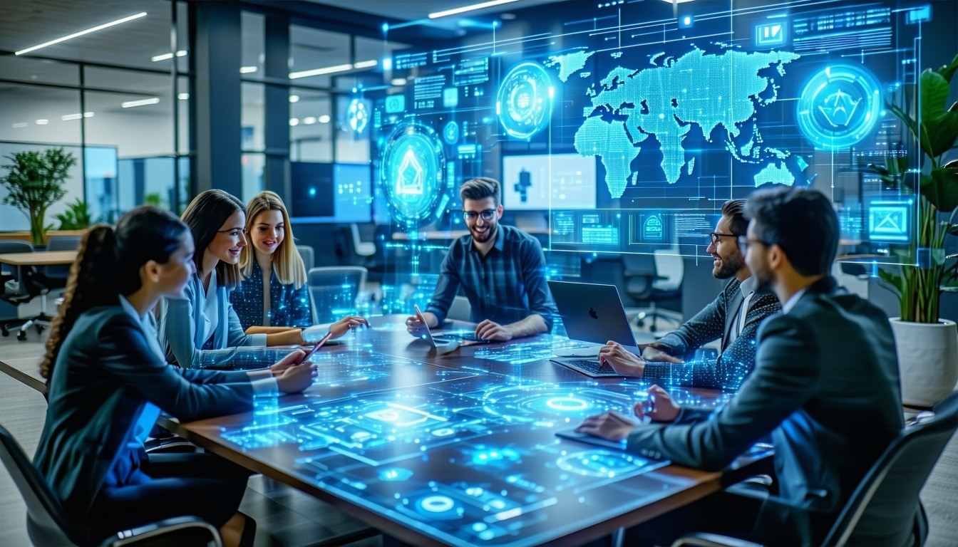 The image depicts a futuristic office environment where humans and AI agents collaborate seamlessly In the foreground a diverse group of professionals including men and women of various ethnicities engage in lively discussions around a sleek modern c-1