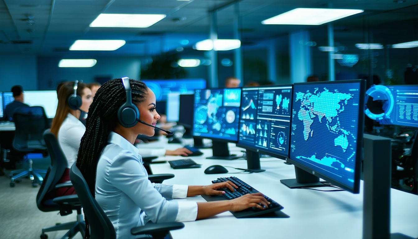 The image depicts a modern call center environment showcasing a sleek and hightech workspace Brightly lit the room features rows of ergonomic workstations equipped with dual monitors highquality headsets and advanced voice AI technology interfaces di-1