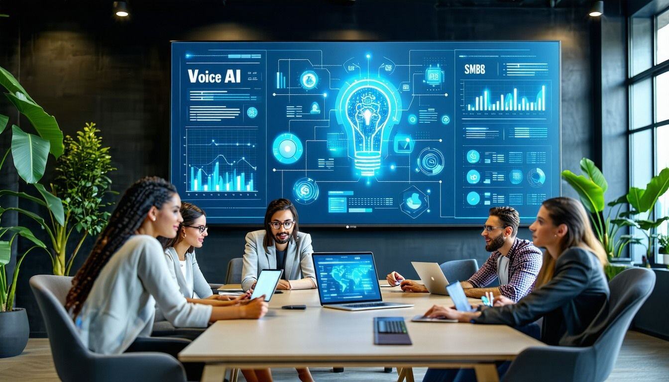 The image features a sleek and modern workspace designed to illustrate the integration of Voice AI technology in small and mediumsized businesses SMBs A large highresolution screen displays a vibrant infographic highlighting the benefits of Voice AI